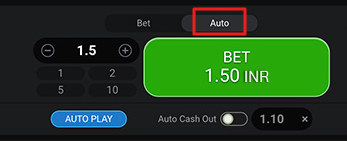 A screenshot of the Aviator game with betting option and activated auto play function