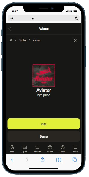 A smartphone displaying Aviator game by Spribe with two options Play or Demo
