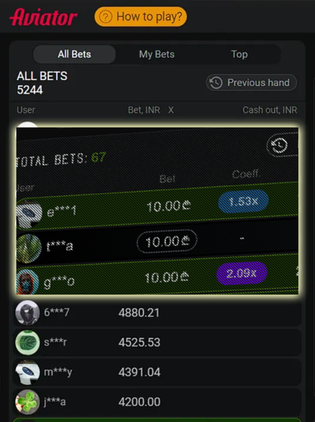 A screenshot of the Aviator game with highlighted total bets panel and winning coefficients