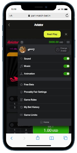 A smartphone displaying Aviator game with popup settings menu