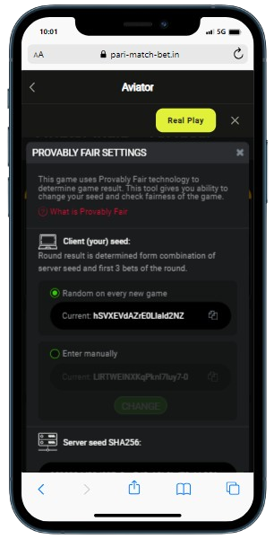 A smartphone displaying Aviator game provably fair settings panel