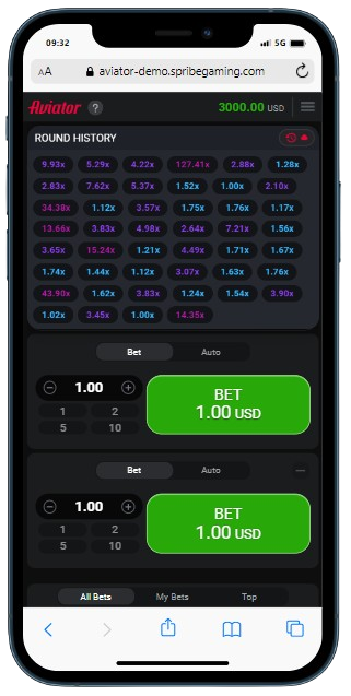 A smartphone displaying Aviator game with betting options and round history panel