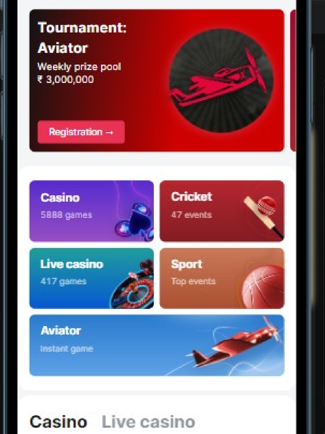 A smartphone displaying casino site with promo banner 'Tournament: Aviator'