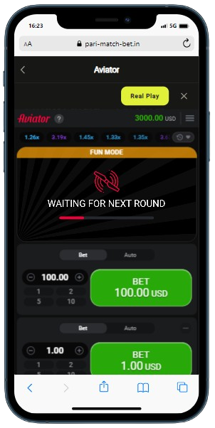 A smartphone displaying Aviator fun mode with betting options